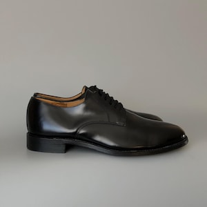 May include: A pair of black leather dress shoes with a polished finish. The shoes feature a classic design with a rounded toe, low heel, and black laces. The shoes are presented on a grey background.