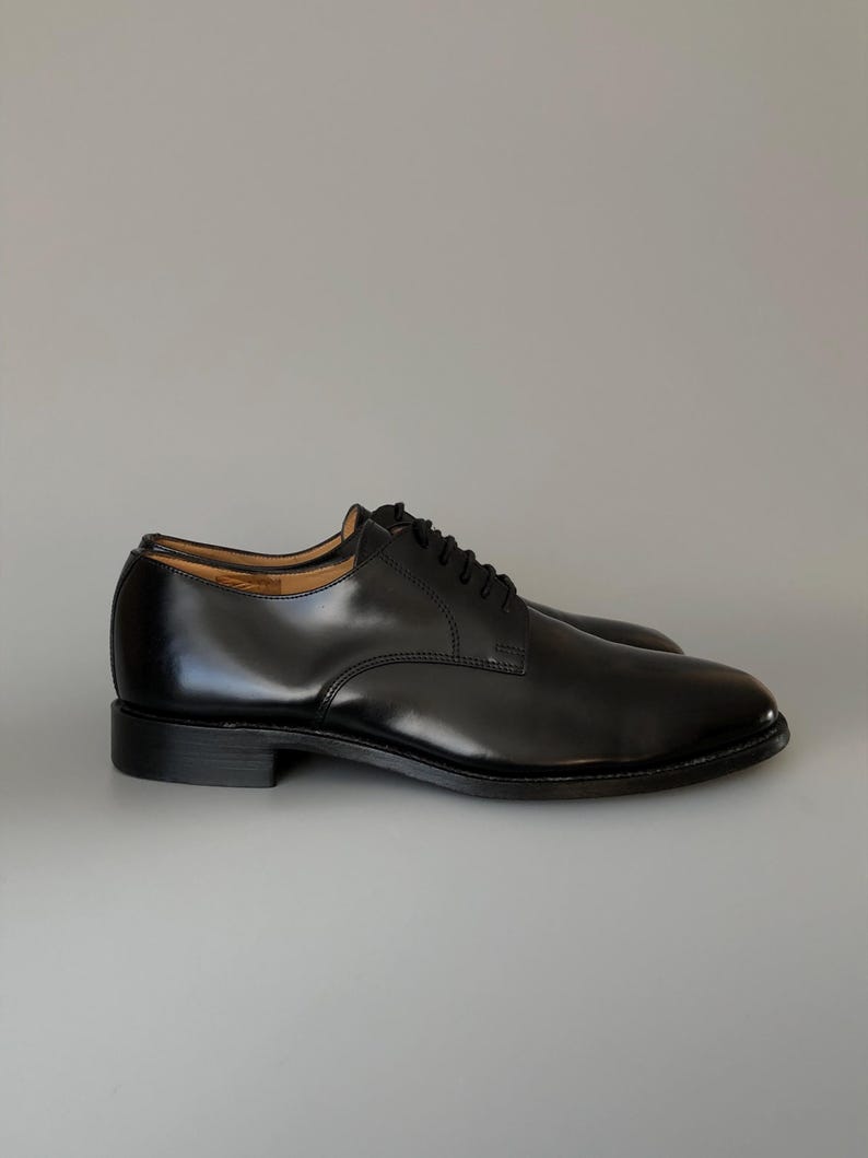 May include: A pair of black leather dress shoes with a polished finish. The shoes feature a classic design with a rounded toe, low heel, and black laces. The shoes are presented on a grey background.
