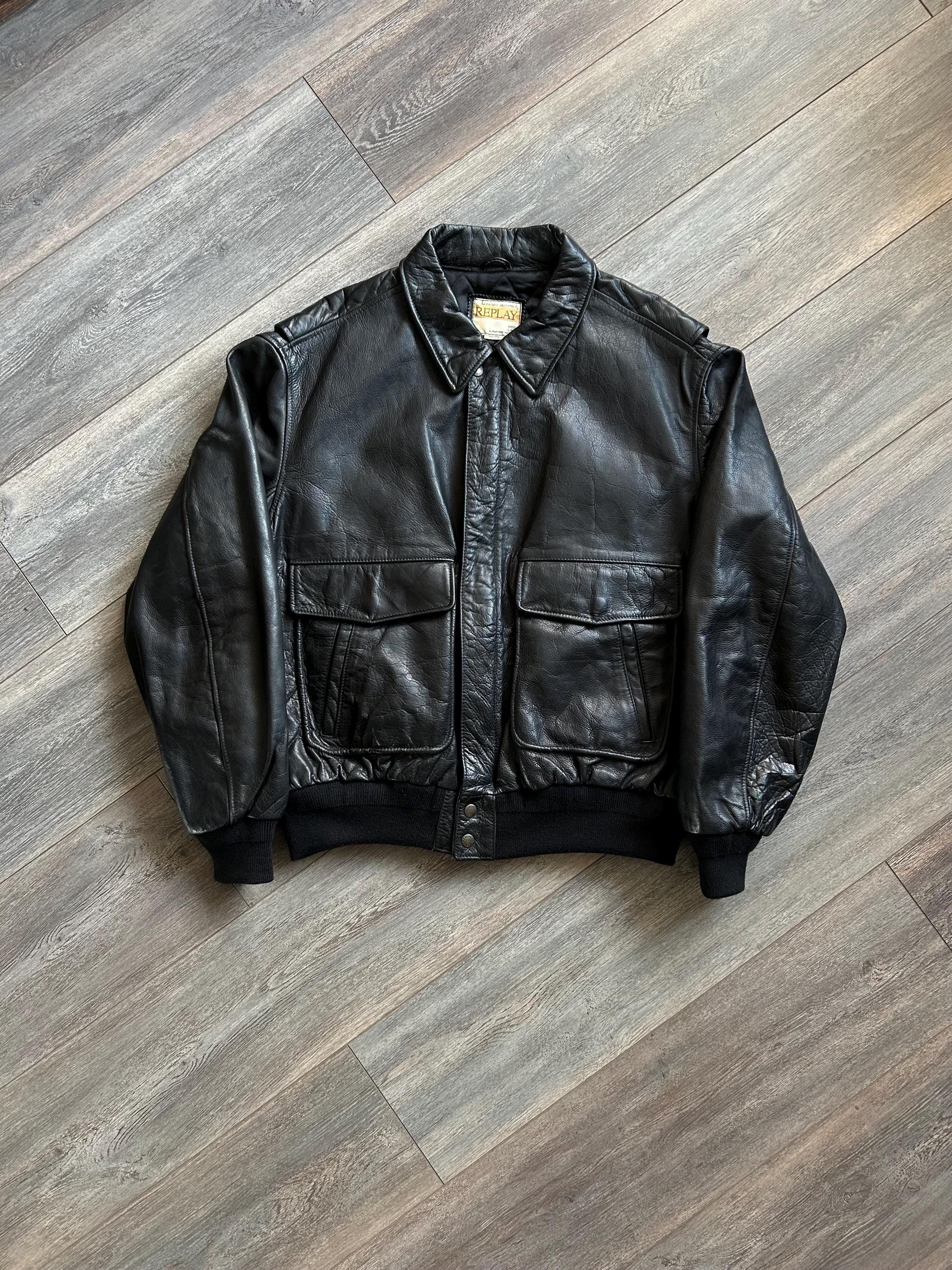 Replay, Vintage 1990s Replay Hide Line Black Leather Bomber Jacket Flight A-2 Made in Italy Size XXL