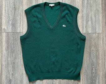 Vintage Lacoste Wool Blend Knitted Green Vest Size 7 | Rare Made in France V-Neck Sweater Gilet | Old Money Preppy Aesthetic XL