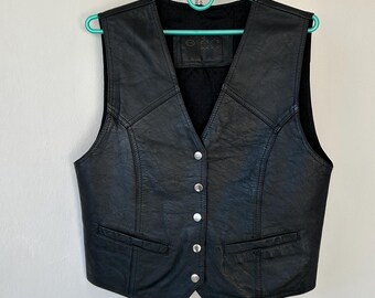 Gilet da motociclista vintage in pelle nera con fibbia sul retro, taglia S da uomo