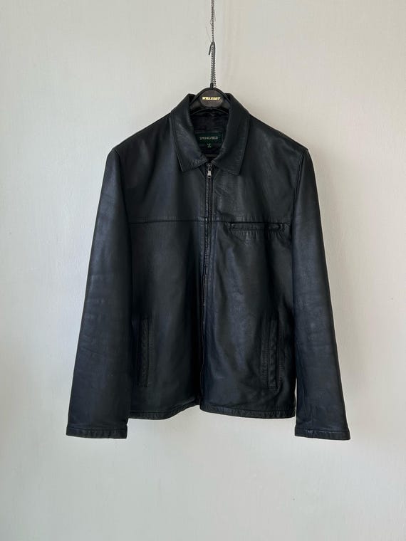 Vintage Yohji Yamamoto Style Springfield Black Leather Jacket 1990s Minimalist Zip Up Leather Coat Streetwear Men Size M