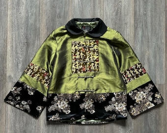 Vintage Chinese Tang Japanese Women Jacket Brocade Olive Green Calligraphy Top Frog Knots Size M
