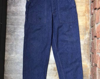 Pantalones de trabajo franceses vintage, de lona azul, desgastados, estilo utilitario, estilo retro, para hombre.