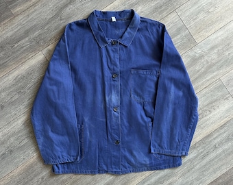 Vintage French Work Jacket Faded Blue Chore Cotton Twill Bleu De Travail Work Coat Patch Pockets Men Size Men ~XL (EU 54-56)