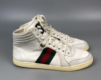 Sneakers Gucci alte in pelle bianca con logo GG, Made in Italy, taglia EU 37 1/2 US 7