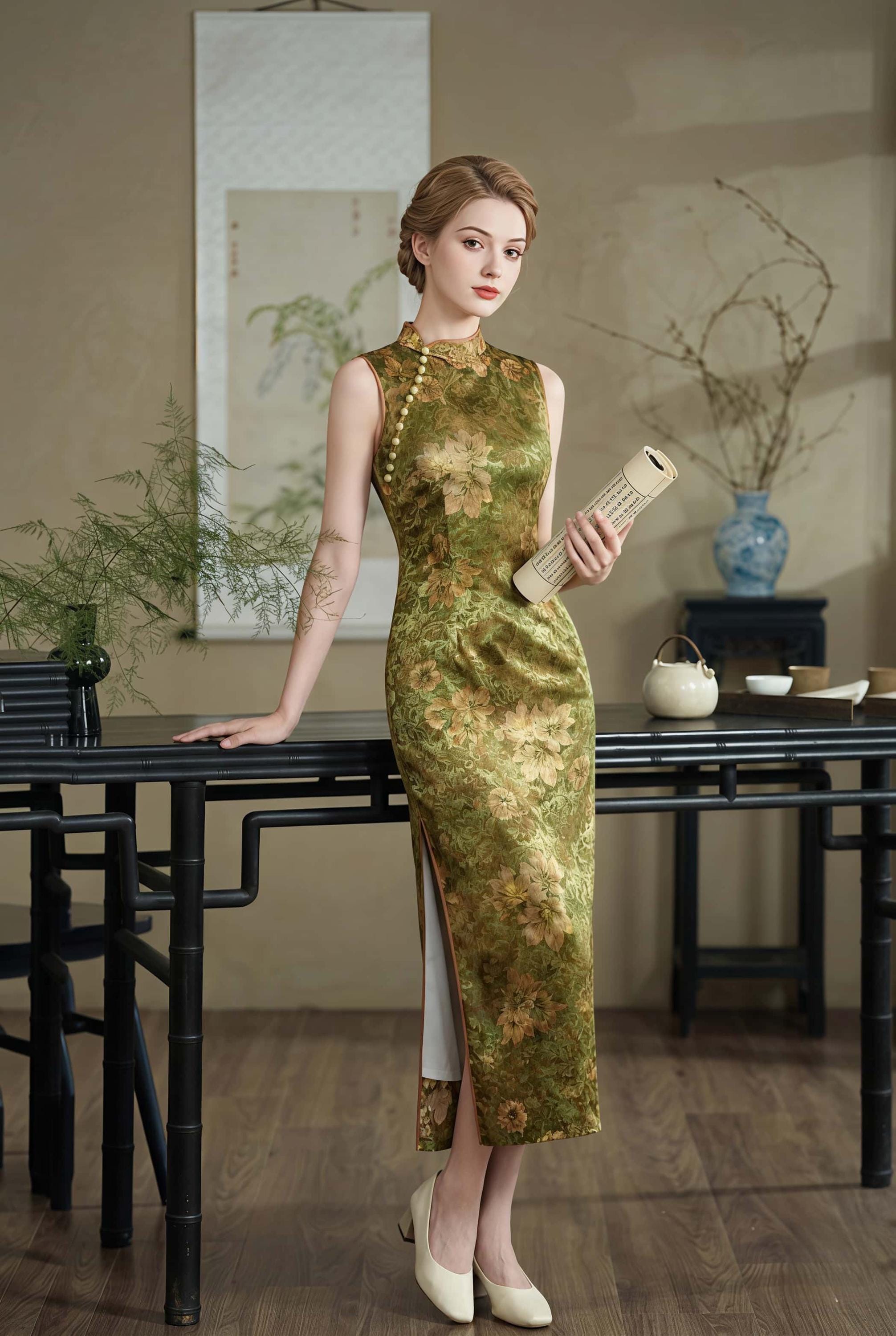 white christmas dresses Women Asian Style Retro Long Sleeves Linen and Cotton Dress Orange main image 1