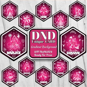 May include: A collection of pink and white Dungeons and Dragons (D&D) themed cards. Each card features a different class, including Druid, Bard, Monk, Cleric, Paladin, Warlock, Barbarian, Wizard, Rogue, Ranger, Fighter, and Sorcerer.