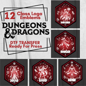 May include: A graphic featuring 12 class logo emblems for Dungeons & Dragons. The design includes the text "12 Class Logo Emblems", "DUNGEONS & DRAGONS", and "DTF TRANSFER Ready For Press". The emblems are red and white, with class names like Sorcerer, Ranger, Druid, Bard, and Monk.