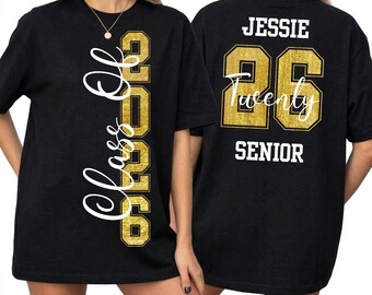 Gold Glitter Custom DTF Transfer, Senior 2026 Name Number Transfer, Personalized Graduation Shirt Transfer