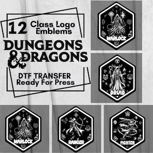 May include: A black and white graphic featuring 12 class logo emblems for Dungeons & Dragons. The image includes the text "DTF Transfer Ready For Press." The emblems showcase characters like Warlock, Druid, Ranger, and Fighter.
