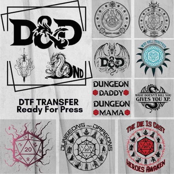 Dungeons and Dragons DTF Transfers ready to press for shirt, Dungeon Master Decal, Dice Gamer iron on, Fantasy rpg design bundle, DnD print