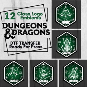 May include: A collection of 12 class logo emblems for Dungeons & Dragons, ready for DTF transfer. The designs feature detailed illustrations of a Monk, Cleric, Ranger, Wizard, and Sorcerer, all in a green and white color scheme.