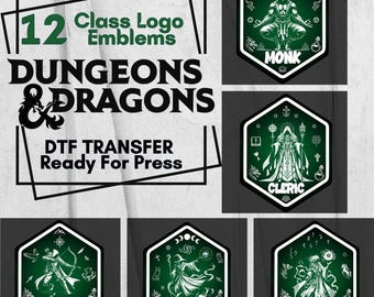 12 Dungeons and Dragons Green Class Emblem Decal, DND Designs for DTF Transfers, Ready to Press Hexagonal Class Logos, Dungeon Master Dtf