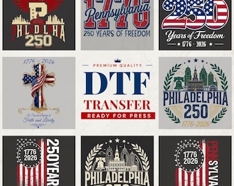 Collage of Patriotic Philadelphia and Pennsylvania DTF transfer, Liberty Bell Decal. Flags, 250th Anniversary Themes.