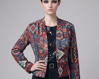 Tapestry Jacket Women | Vintage Boho Cropped Blazer | Woven Ethnic Print Coat | Hippie Art to Wear Jacket