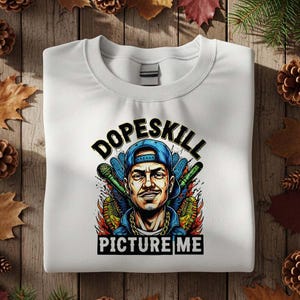 May include: White sweatshirt with a graphic of a man wearing a blue cap and gold chain, with the text "Dopeskill" and "Picture Me". The design includes microphones and flames.