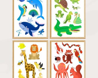 Colorful Animals Nursery Print Set: Educational Kids Wall Art (Digital Download)