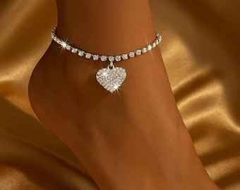 Sparkly Heart Anklet | Gold & Silver Adjustable Ankle Bracelet | Minimalist Crystal Jewelry Gift for Her