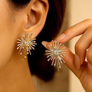 Gold Starburst Crystal Studs – Firework Design, Valentine Gift for Her