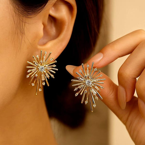 Gold Starburst Crystal Studs – Firework Design, Valentine Gift for Her
