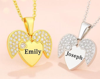 Personalized Angel Wings Necklace • Custom Zirconia Heart Pendant, Remembrance Jewelry for Her
