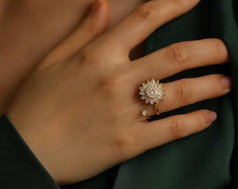 Gold Plated Sunflower Ring: Adjustable Stainless Steel, Cubic Zirconia
