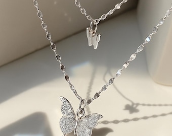 Layered Silver Butterfly Necklace | Dainty Minimal Jewelry | Elegant Gift for Her | Double Chain Necklace