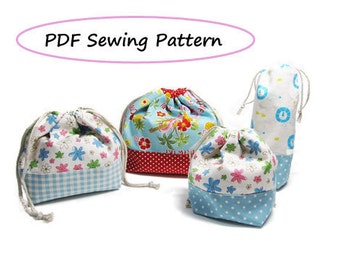 Drawstring Lunch Bag PDF Pattern - Variety set -(Downloadable)