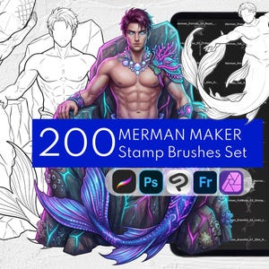 May include: A digital art resource titled 200 MERMAN MAKER Stamp Brushes Set, featuring a central colorful merman illustration on a rock throne, surrounded by black and white line art sketches and a list of brush files for design software.
