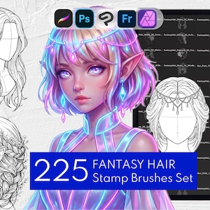 225 pennelli fantasy per capelli per Procreate, Photoshop, Clip Studio / Acconciature elfiche e vichinghe