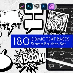 May include: A digital collection of 180 comic text bases and stamp brushes for graphic design software. The set includes various speech bubbles, thought clouds, and sound effect graphics like OUCH and BOOM, displayed on a tablet screen.
