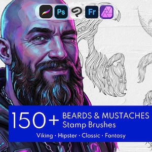 150+ Stamps Beard & Mustache | Viking, Hipster, Realistic: Procreate, Clip Studio Paint, Photoshop, Affinity Photo, Adobe Fresco
