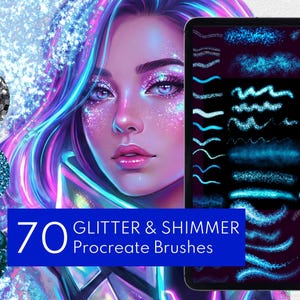 May include: Digital art featuring a woman with blue and purple hair and glitter makeup. The image includes a tablet displaying various blue glitter and shimmer Procreate brushes. The text reads "70 Glitter & Shimmer Procreate Brushes."