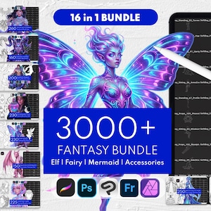 May include: A digital art resource collection titled 16 in 1 BUNDLE 3000+ FANTASY BUNDLE Elf | Fairy | Mermaid | Accessories. The image displays a central fairy figure with glowing purple wings and numerous small thumbnails of character brushes.