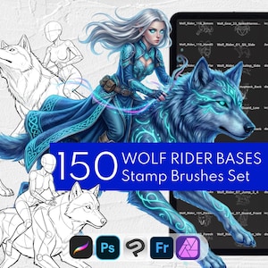 May include: A digital art resource set titled 150 WOLF RIDER BASES Stamp Brushes Set, featuring a central illustration of a silver-haired character riding a glowing blue wolf, surrounded by black and white line art sketches of wolf rider poses.