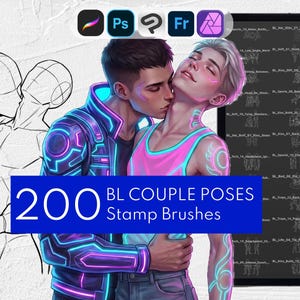200 BL Couple Poses Stamps, Male Anime Brushes, Manga Brush Set: Procreate, Clip Studio Paint, Photoshop, Affinity Photo, Adobe Fresco