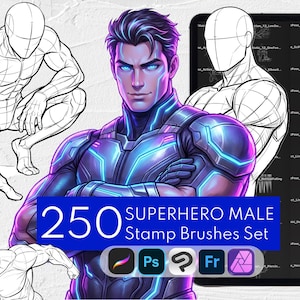 Puede incluir: Un conjunto de recursos de arte digital titulado 250 SUPERHERO MALE Stamp Brushes Set, que presenta una ilustración central de un superhéroe con armadura azul brillante, rodeado de bocetos de líneas en blanco y negro de varias poses masculinas.