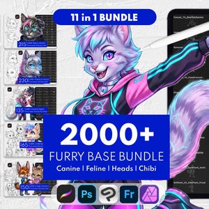 2200+ Furry Base Stamps, Feline Canine Chibi Anthro Pose Reference, Fursona Ref Sheet: Procreate, Clip Studio Paint, Photoshop, Affinity
