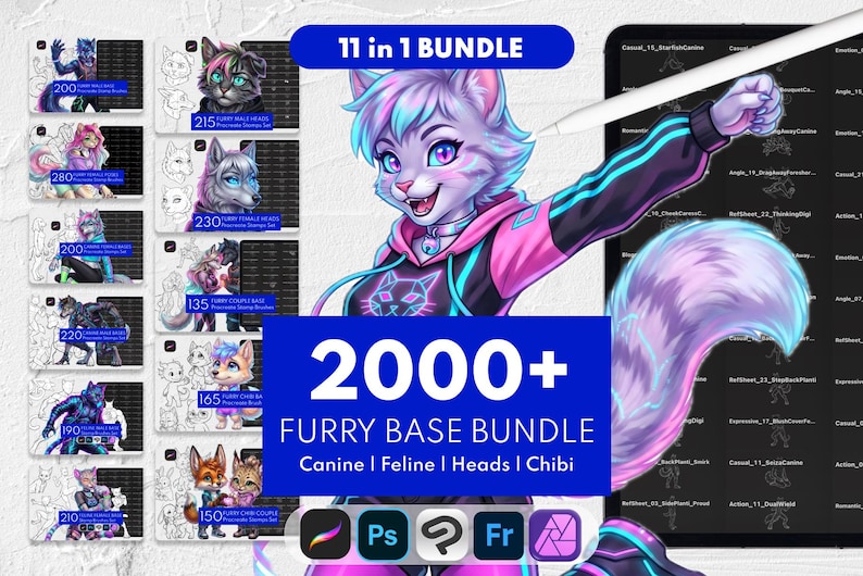2200+ Furry Base Stamps, Feline Canine Chibi Anthro Pose Reference ...