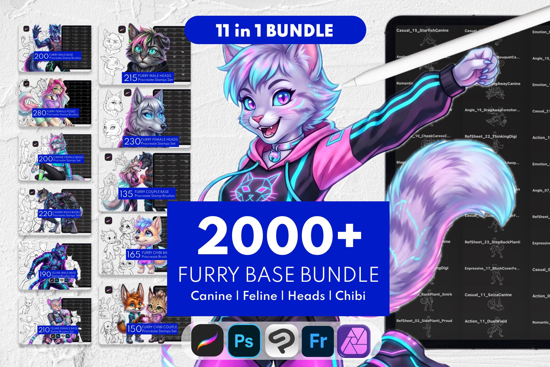 2200+ Furry Base Stamps, Feline Canine Chibi Anthro Pose Reference ...