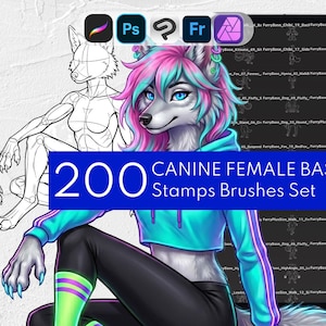 200 Canine Female Bases Stamps, Furry, Chibi, Anthro Dog Wolf Poses: Procreate, Clip Studio Paint, Photoshop, Affinity Photo, Adobe Fresco