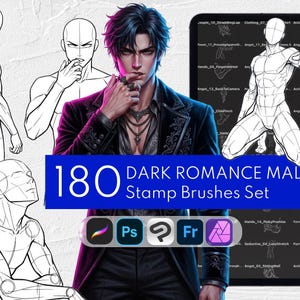 May include: A digital art resource set titled 180 DARK ROMANCE MALE Stamp Brushes Set, featuring a central illustration of a dark-haired character in a formal suit, surrounded by various anatomical line art sketches and software icons.