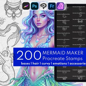 200 Mermaid Maker Stamps | Character Base, Hair, Portrait Brushes: Procreate, Clip Studio Paint, Photoshop, Affinity Photo, Adobe Fresco
