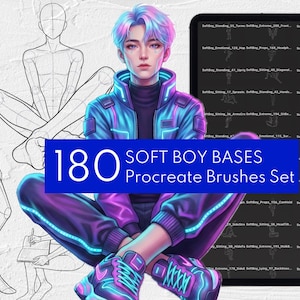 May include: Digital art featuring a seated figure with blue and purple hair, wearing a futuristic jacket and pants. The image includes a Procreate app icon and a tablet displaying various poses. Text on a blue banner reads "180 SOFT BOY BASES Procreate Brushes Set."