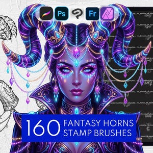 May include: A digital collection of 160 fantasy horns stamp brushes for graphic design software. The image features a central illustration of a character with glowing purple and blue horns, adorned with intricate jewelry, alongside black and white line art sketches of various horn designs and a list of file names.
