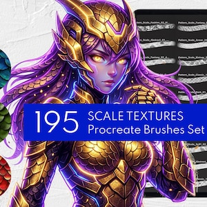 May include: Digital art featuring a fantasy character with purple hair and golden armor. The image includes a Procreate app icon, scale texture samples, and text that reads "195 Scale Textures Procreate Brushes Set."
