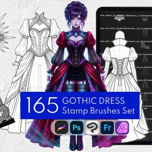 Könnte beinhalten: Eine digitale Sammlung mit dem Titel 165 GOTHIC DRESS Stamp Brushes Set, die Strichzeichnungen von Kleidern, einem Fächer und einem Kopfschmuck sowie eine zentrale Figur in einem rot-schwarzen Kleid mit Korsett und Puffärmeln zeigt.