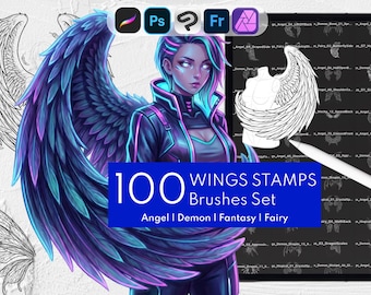 100 pinceles de sellos de alas / Alas de ángel, demonio, hada y dragón: Procreate, Clip Studio Paint, Photoshop, Affinity Photo, Adobe Fresco