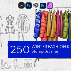 Winter Fashion Brushes, 250+ Clothing Stamps, Coats & Outfit Kit: Procreate, Clip Studio Paint, Photoshop, Affinity Photo, Adobe Fresco